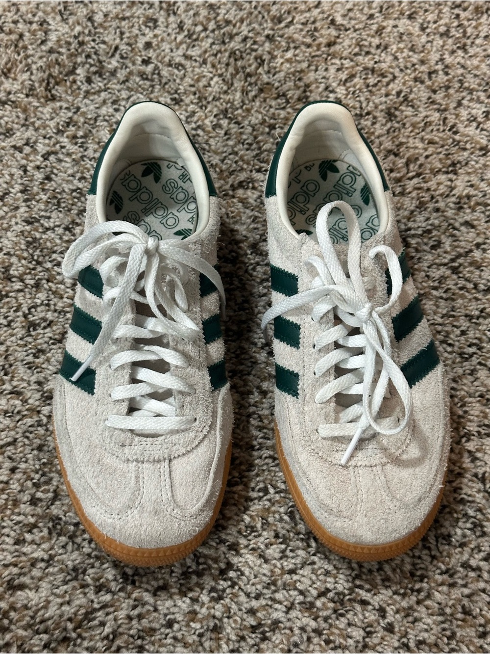 adidas White Suede Sneakers with Dark Green Stripes and Gum Sole